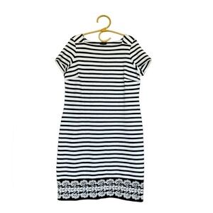 Talbots Navy Blue Striped Lace Hem Border Square Neck Cap Sleeve MIDI Dress